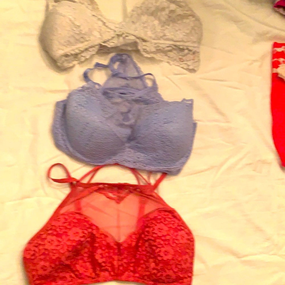 3 bralettes, size large, blue one is 36C